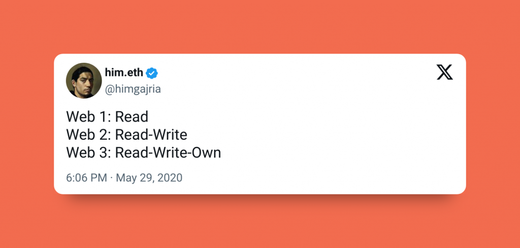 Web3 for dummies (featured image) — web1 vs web2 vs web3 — him.eth tweet