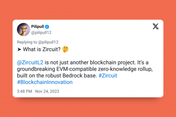 A tweet by @pilipull12 describing Zircuit as a groundbreaking EVM-compatible ZK-rollup built on Bedrock, on an orange background.