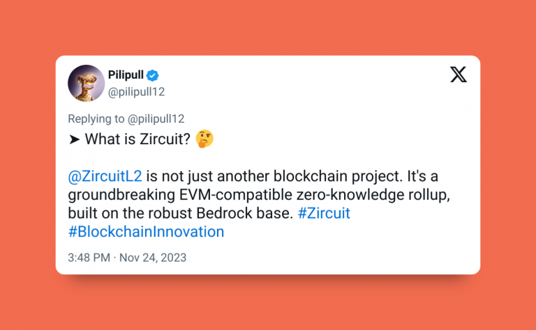 Guide to Zircuit, a Game-Changing EVM-Compatible ZK-Rollup 7 A tweet by @pilipull12 describing Zircuit as a groundbreaking EVM-compatible ZK-rollup built on Bedrock, on an orange background.