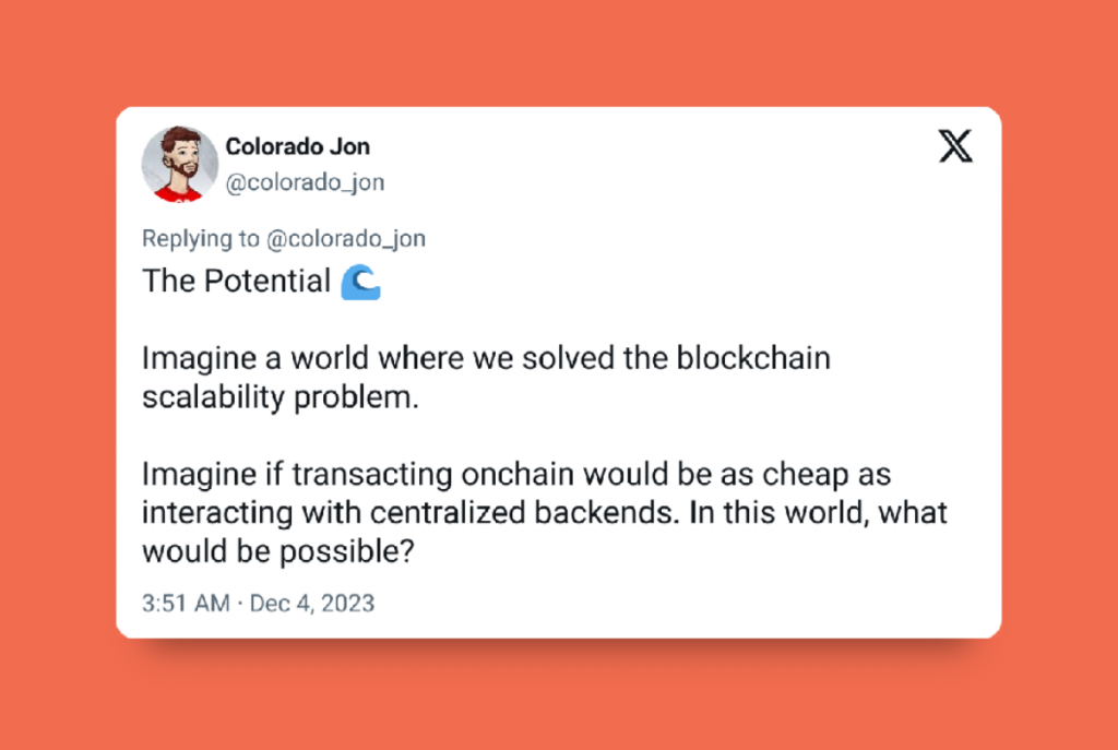 "Blockchain scalability solutions" featured image — a tweet by @colorado_jon asking readers what would be possible if we overcame the blockchain scalability problem.