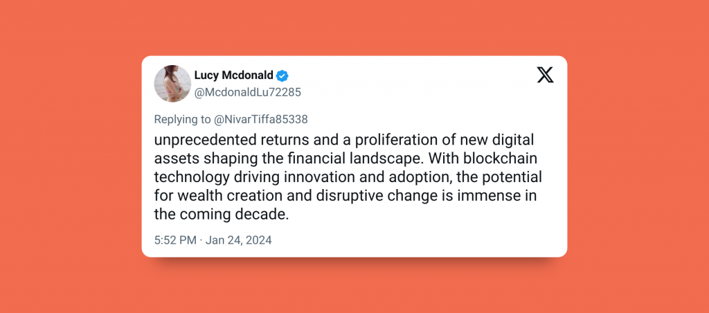 The featured image of the blog post "9 Types of Blockchain Digital Assets Explained (with Examples)," showing a tweet by user @McdonaldLu72285 on an orange background.