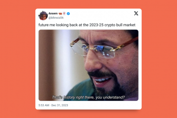 A tweet by user @blknoiz06 saying "future me looking back at the 2023-25 crypto bull market," with a meme below showing Adam Sandler saying "That's history right there, you understand?," on a dark orange background.