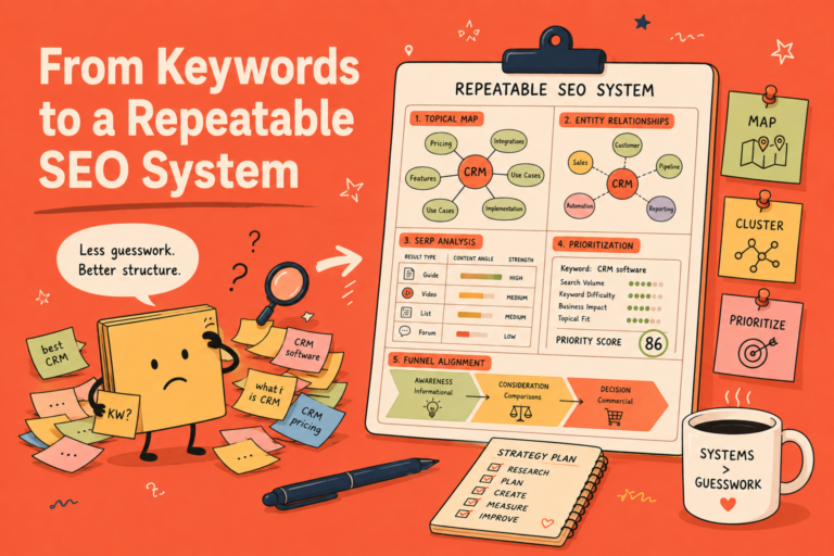Illustration of a repeatable SEO strategy system, showing the transition from scattered keywords to a structured process including topical mapping, entity relationships, SERP analysis, content prioritization, and funnel alignment.