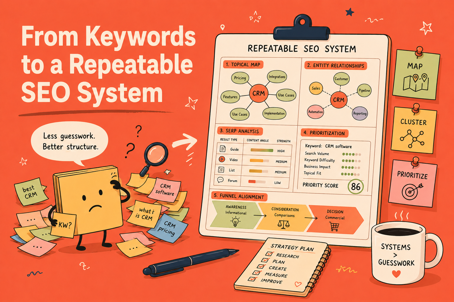 Illustration of a repeatable SEO strategy system, showing the transition from scattered keywords to a structured process including topical mapping, entity relationships, SERP analysis, content prioritization, and funnel alignment.