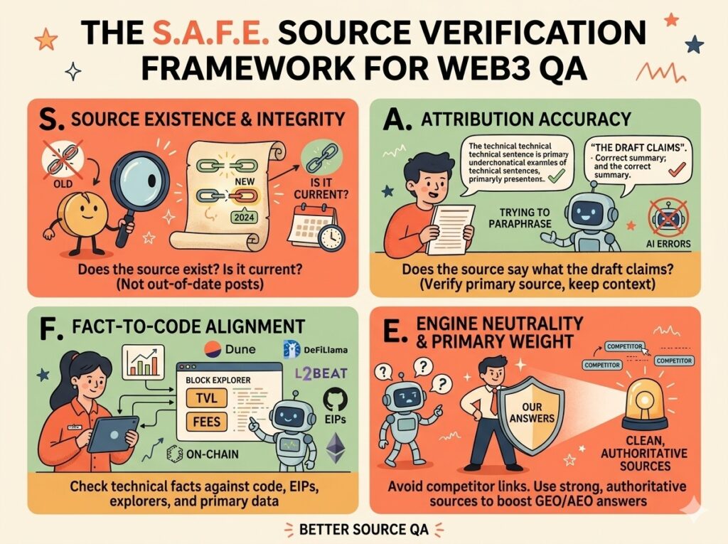 My Web3 Editorial QA Workflow for Accuracy, Trust, and Search Visibility 6 An original infographic illustrating the S.A.F.E. Source Verification Framework for Web3 content QA, featuring sections on Source Existence, Attribution Accuracy, Fact-to-Code Alignment, and Engine Neutrality.