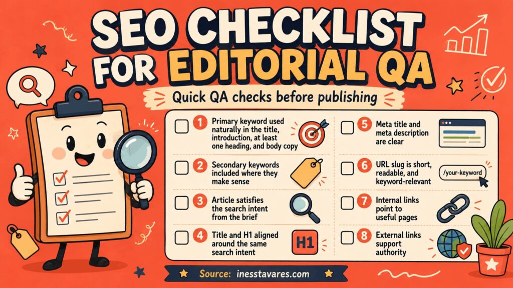 My Web3 Editorial QA Workflow for Accuracy, Trust, and Search Visibility 8 SEO checklist for editorial QA (original infographic)