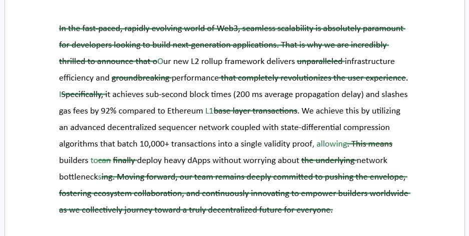 My Web3 Editorial QA Workflow for Accuracy, Trust, and Search Visibility 2 example editing out fluff for semantic density in editorial qa workflow (original text and screenshot)